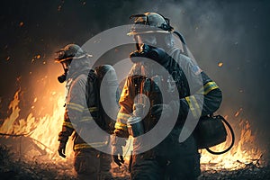 Firefighters work on fire, firemen walk in burning forest, generative AI