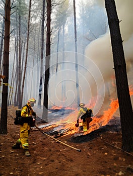 Firefighters working with environmental disaster. Nature disaster of forest fire. Generative AI