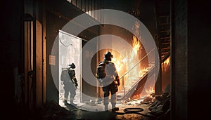 Firefighters works on fire, fireman walks inside burning building, illustration, generative AI