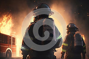 Firefighters works on fire, fireman walks next to burning vehicle, illustration, generative AI