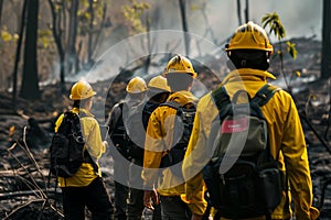 Firefighters in yellow highvisibility workwear and helmets walk through forest