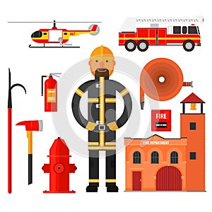 Firefighting character Flat style. Elements for