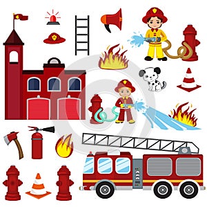 Firefighting characters, hose, fire station, fire engine, fire alarm, extinguisher, axe, and hydrant.