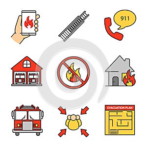 Firefighting color icons set