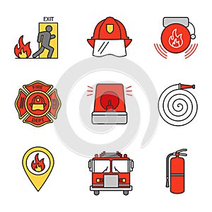 Firefighting color icons set