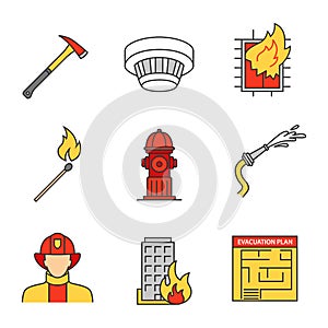 Firefighting color icons set