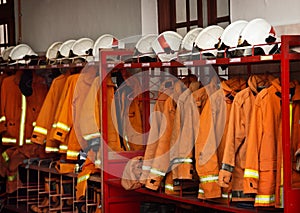 Firefighting Equipment Arranged on Racks at the Fire Station