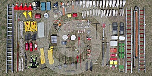 Firefighting equipment unpacked from above photographed with a drone. tetris challenge.
