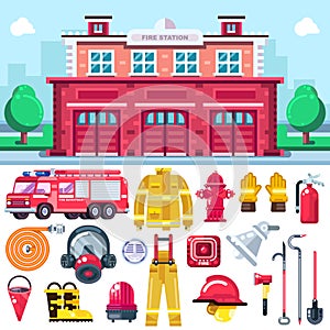 Firefighting equipment vector icons. City fire station illustration. Extinguisher, alarm system, firemans uniform, car