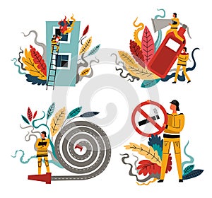 Firefighting and fire protection, firefighters and work equipment, isolated icons