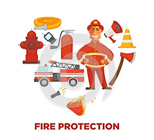 Firefighting and fire protection poster of extinguishing equipment tools.