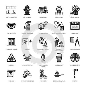 Firefighting, fire safety equipment flat glyph icons. Firefighter car, extinguisher, smoke detector, house, danger signs