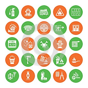 Firefighting, fire safety equipment flat glyph icons. Firefighter car, extinguisher, smoke detector, house, danger signs