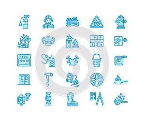 Firefighting, fire safety equipment flat line icons. Firefighter car, extinguisher, smoke detector, house, danger signs