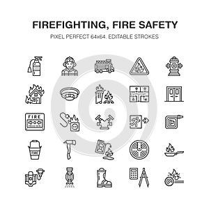 Firefighting, fire safety equipment flat line icons. Firefighter car, extinguisher, smoke detector, house, danger signs