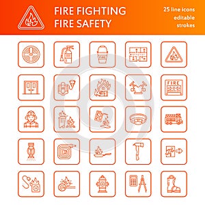 Firefighting, fire safety equipment flat line icons. Firefighter, fire engine, extinguisher, smoke detector, house