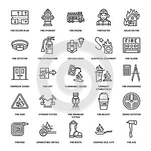 Firefighting, fire safety equipment flat line icons. Firefighter, fire engine extinguisher, smoke detector, house