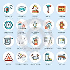 Firefighting, fire safety equipment flat line icons. Firefighter, fire engine extinguisher, smoke detector, house