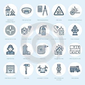 Firefighting, fire safety equipment flat line icons. Firefighter, fire engine extinguisher, smoke detector, house