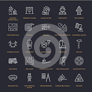 Firefighting, fire safety equipment flat line icons. Firefighter, fire engine extinguisher, smoke detector, house