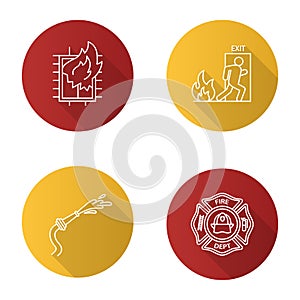 Firefighting flat linear long shadow icons set