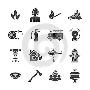 Firefighting glyph vector icon set. Fire department symbol with fire, fire hose, firefighter, extinguisher, fire engine, sprinkler