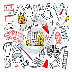 Firefighting Hand Drawn Doodle. Firefighter, Fireman, Emergency Elements Set