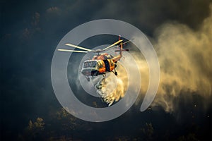 Firefighting helicopter aids by dousing wildfire with precision water drops