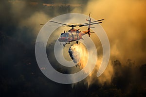 Firefighting helicopter aids by dousing wildfire with precision water drops