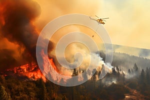 Firefighting helicopter carrying a water bucket on its route across smoke filled sky to fight forest wildfire. Generative AI