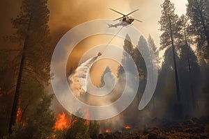 Firefighting helicopter dropping water from its bucket, aiming to quell the raging forest fire beneath. Dramatic view up,