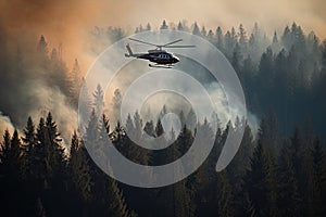 A firefighting helicopter is seen flying over a raging forest fire. Generative AI