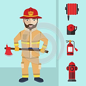 Firefighting and icons set inventory extinguishing fire rescue professional composition.