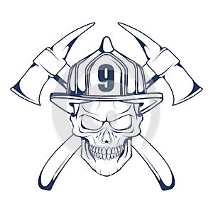 Firefighting logo. The fireman`s head in a mask. Fire department label. photo