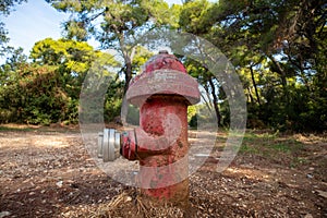 Firefighting public system fire hydrant red color outdoors in forest background