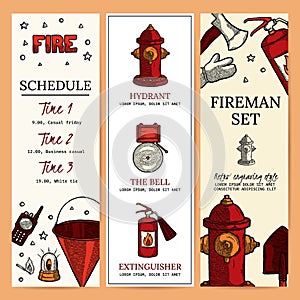 Firefighting Vintage Banner Templates of fireman tools vector illustration. Rescue equipment isolated. Vertical Design