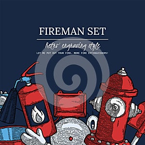 Firefighting Vintage Elements Set of fireman tools vector illustration. Rescue equipment isolated. Design Template with