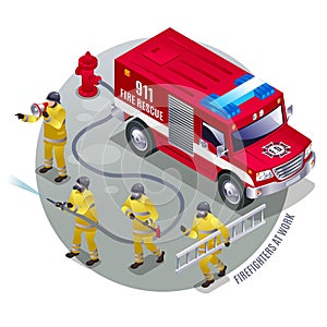 Firefigters at work vector illustration isometric icons on grey round isolated background