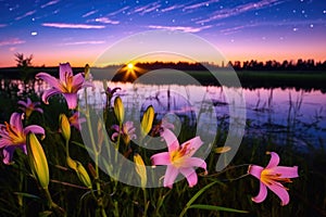 fireflies clustering around a blooming lily at sunset