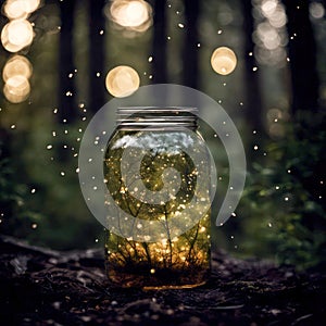 Fireflies In A Glass Jar In Dark Forest