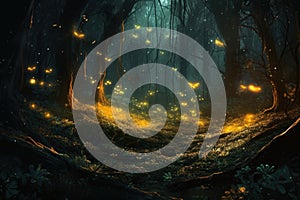 Fireflies night forest art. Generate Ai