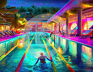 Firefly A computergenerated scene depicting a vibrant high school swimming meet at night. Concept photo