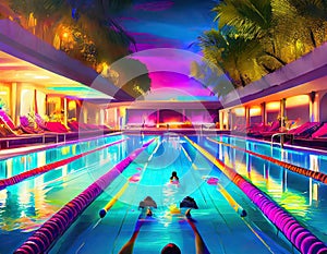 Firefly A computergenerated scene depicting a vibrant high school swimming meet at night. Concept photo