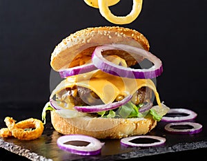 Firefly A deconstructed gourmet burger caught in a freeze-frame, with golden cheese dripping