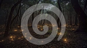 Firefly flying in the forest. Fireflies in the bush at night. Ai generative.