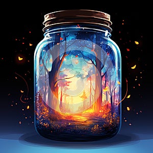 Firefly jar with a night dreamy dusk forest ambience inside of it Generative AI