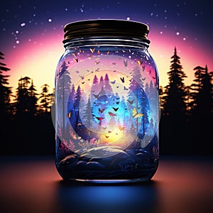 Firefly jar with a night dreamy dusk forest ambience inside of it Generative AI