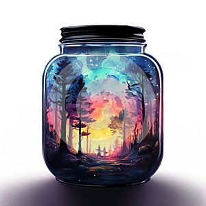 Firefly jar with a night dreamy dusk forest ambience inside of it Generative AI