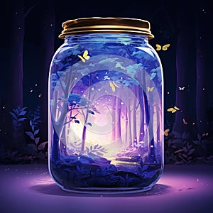 Firefly jar with a night dreamy dusk forest ambience inside of it Generative AI