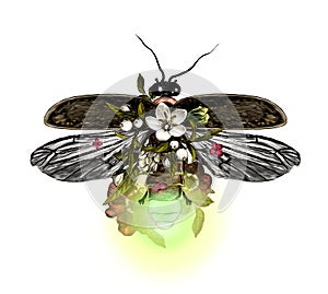 Firefly with open wings top view symmetrically decorated with flowers and leaves